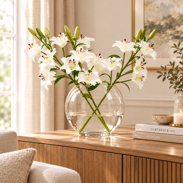 Real Touch Lillies Crossed Stem Vase with Faux Water 50cm