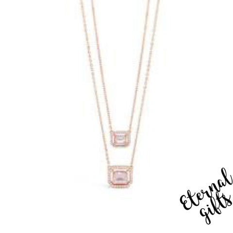 Rose Gold Plated Synthetic Pink Opal CZ Halo Double Layered Adjustable Length Necklace by Absolute Jewellery