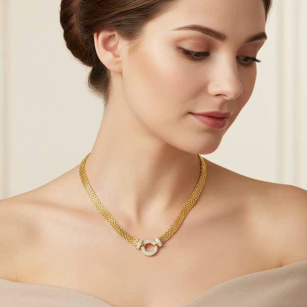Gold Popcorn Link Necklace with CZ Halo BY Absolute Jewellery