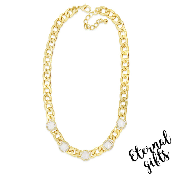 White Opal Square Curb Chain Necklace in Gold by Absolute Jewellery