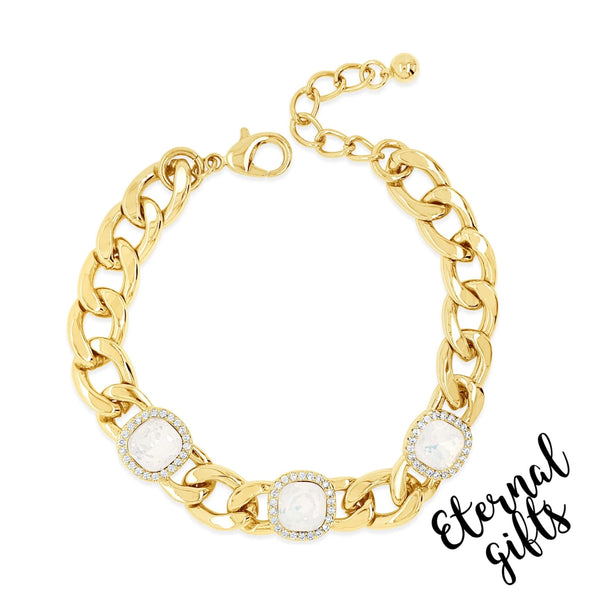 White Opal Square Curb Chain Bracelet in Gold by Absolute Jewellery