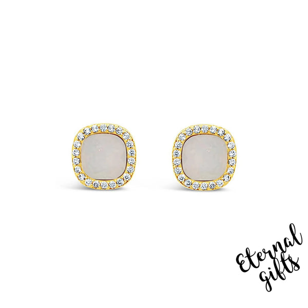 White Opal Square Stud Earrings in Gold by Absolute Jewellery