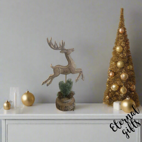 Wooden Prancing Decorated Reindeer on Footed Pedestal