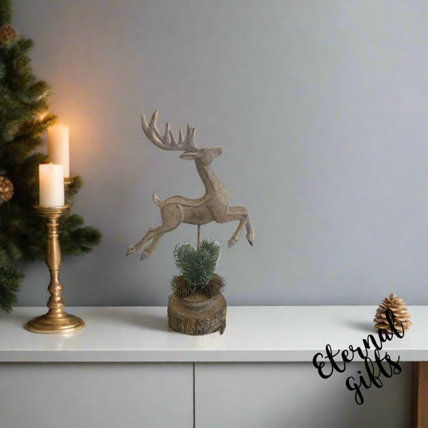 Wooden Prancing Decorated Reindeer on Footed Pedestal