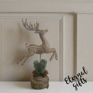 Wooden Prancing Decorated Reindeer on Footed Pedestal