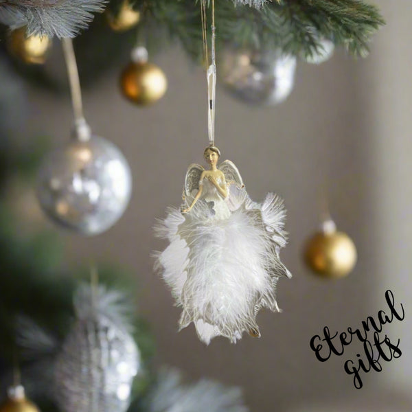 White Orstrich Feather in Silver Angel Christmas Tree Hanger