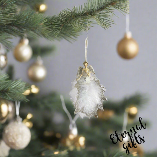 White Orstrich Feather in Silver Angel Christmas Tree Hanger