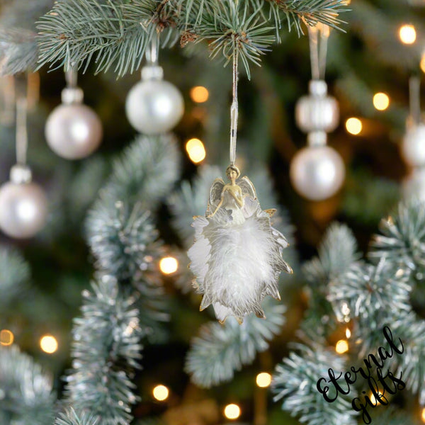 White Orstrich Feather in Silver Angel Christmas Tree Hanger