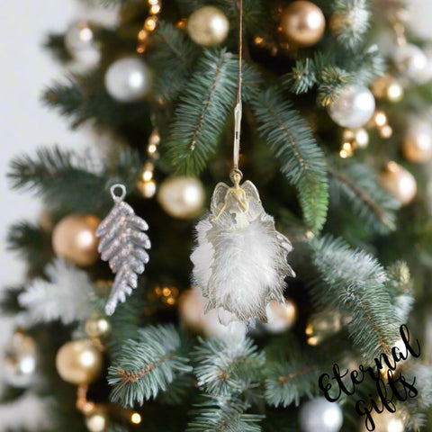 White Orstrich Feather in Silver Angel Christmas Tree Hanger