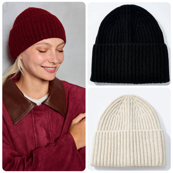 Solid Wool Beanie in Deep Red,  black or Winter White