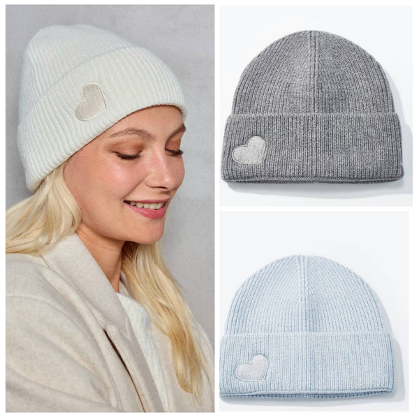 Love heart Beanie in Winter White, Blue or Grey