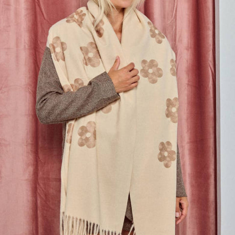 Dressy Wool scarf with floral pattern on Creams and Taupe