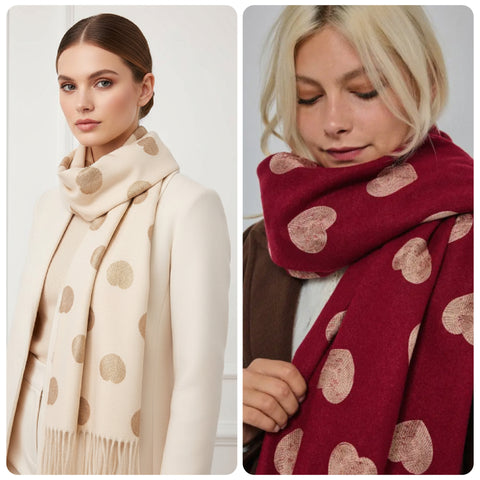 Wool scarf with heart pattern in Cream or Red