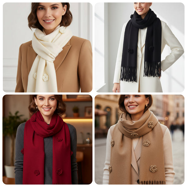 Wool scarf with embroidered flowers in Winter White, Tan & Black