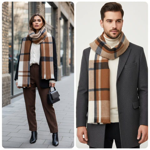 Checked Wool Scarf in browns and creams