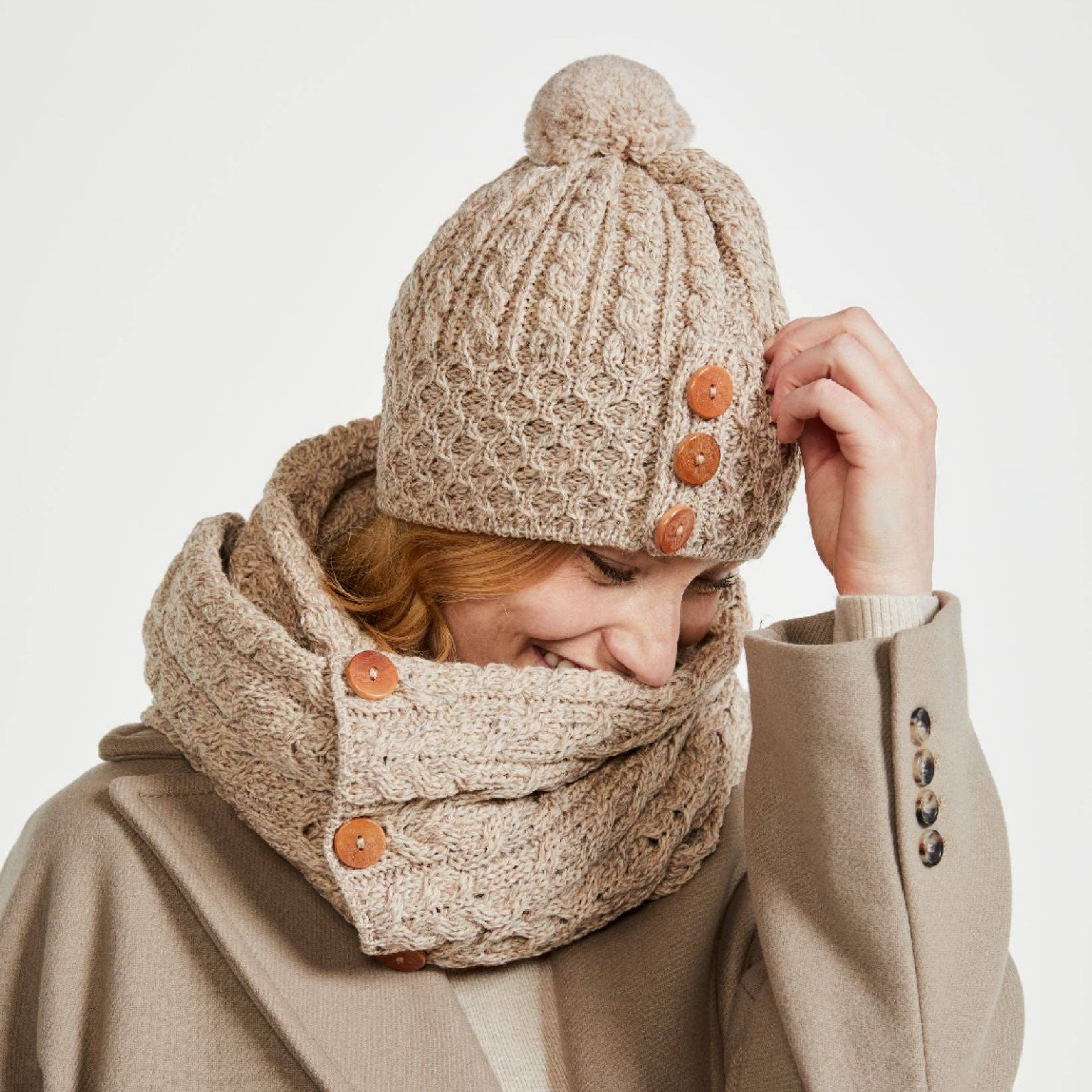 Shrule Aran Hat with Pom Pom - Oat