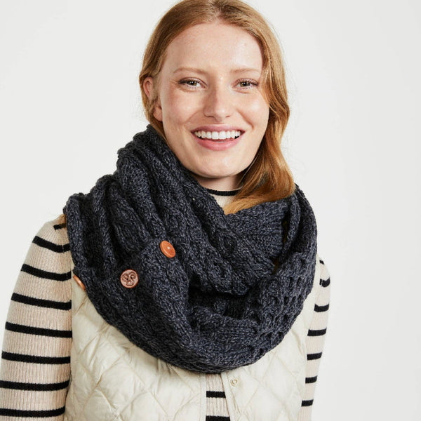 Kilmaine Aran Snood Scarf with Buttons -  Charcoal