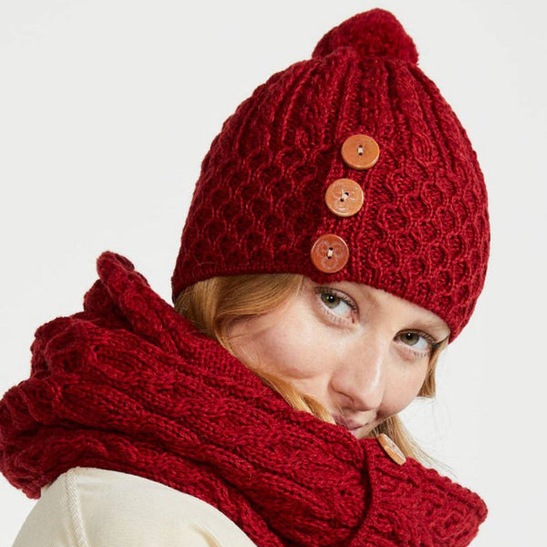 Shrule Aran Hat with Pom Pom - Red