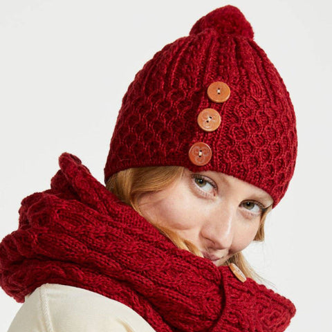 Shrule Aran Hat with Pom Pom - Red