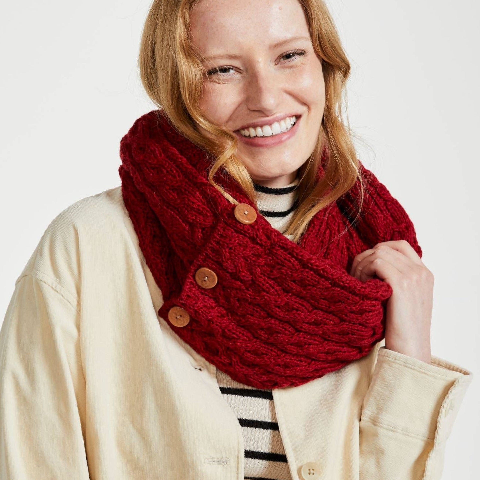 Kilmaine Aran Snood Scarf with Buttons -  Red