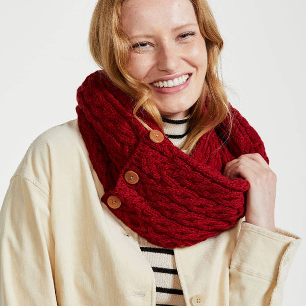 Kilmaine Aran Snood Scarf with Buttons -  Red
