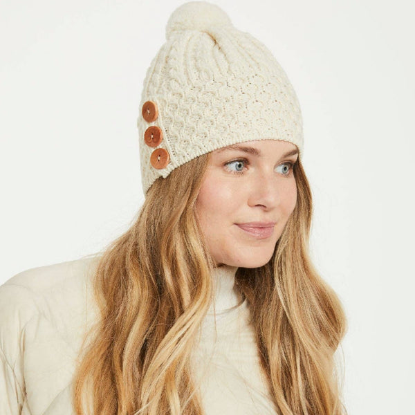 Shrule Aran Hat with Pom Pom - Cream