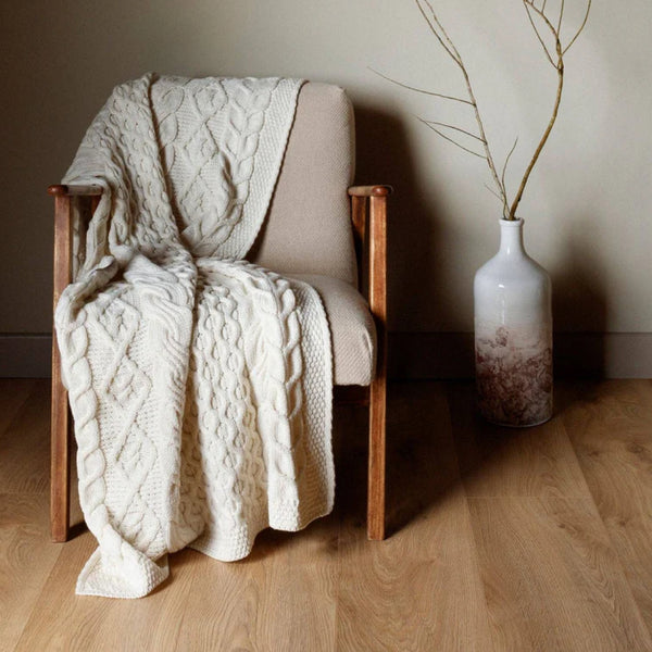 Dugort Honey, Diamond & Cable Aran Blanket - Cream