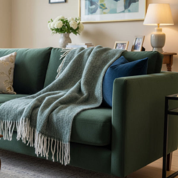 Herringbone Throw with Tassles Green 125 X150cm