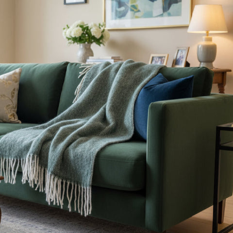 Herringbone Throw with Tassles Green 125 X150cm