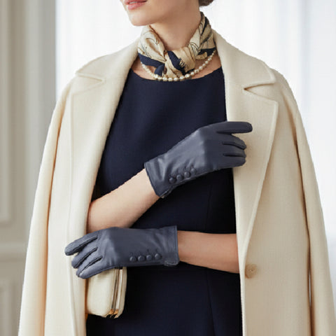 Women's Fleece Lined Leather Gloves - Navy