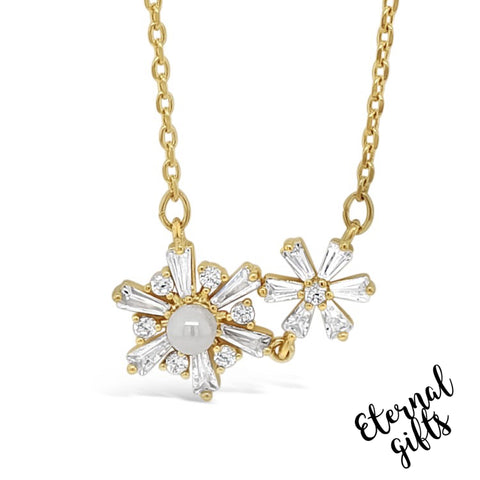 Connected Flowers Necklace  with Pearl in Yellow Gold by Jewel Absolute Jewellery