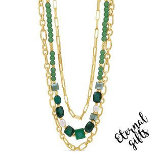 3 Layer Beaded Necklace in Emerald and Gold by Absolute Jewellery