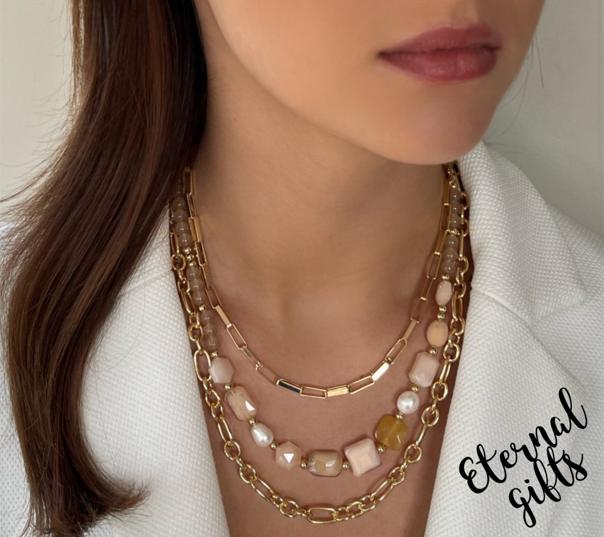 3 Layered Champagne and Gold Beaded Necklace by Absolute Jewellery