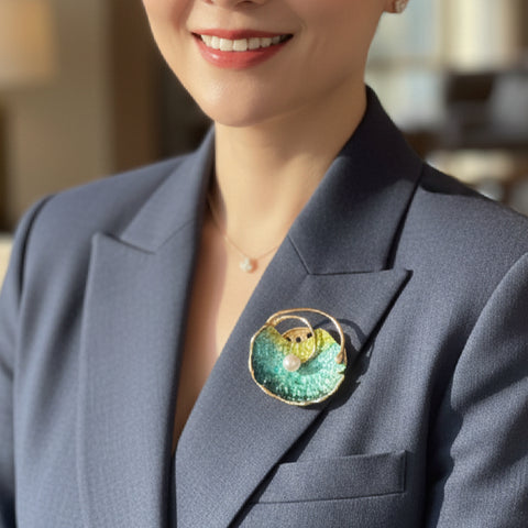 Pearl Oyster Magnetic Brooch in Greens