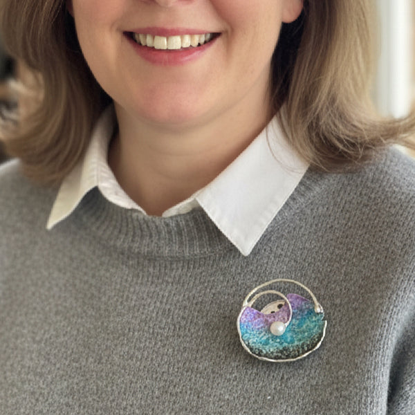 Pearl Oyster Magnetic Brooch in Teals and Purples