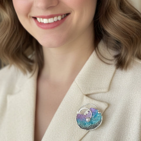 Pearl Oyster Magnetic Brooch in Teals and Purples