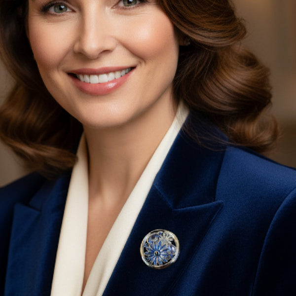 Blue Floral Silver Magnetic Brooch