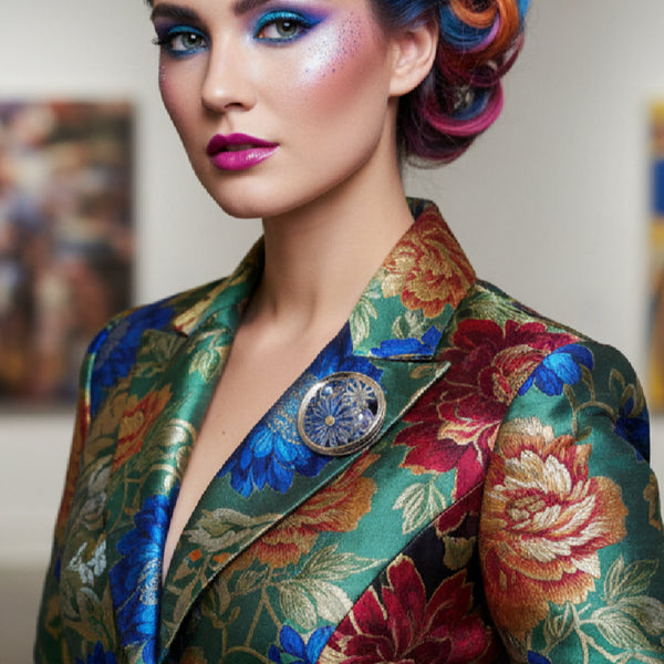 Blue Floral Silver Magnetic Brooch