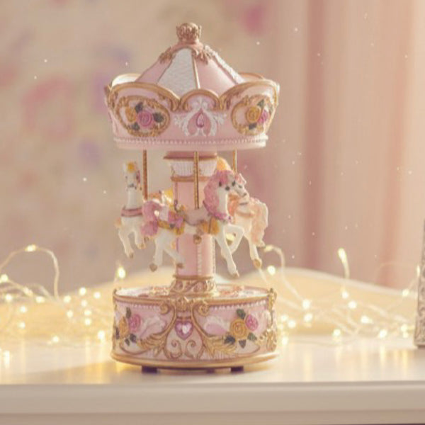 Music box - intricately decorated pink beige carousel