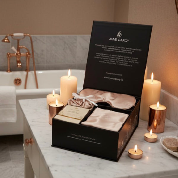 Luxury Silk Sleep Set, Champagne, Black Rose & Amber Candle by Jane Darcy