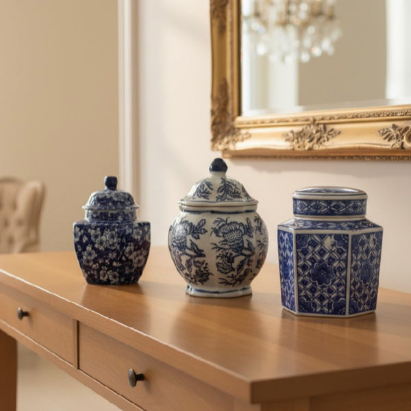 Leith Blue and White Jars Set of 3 by Mindy Brownes Interiors