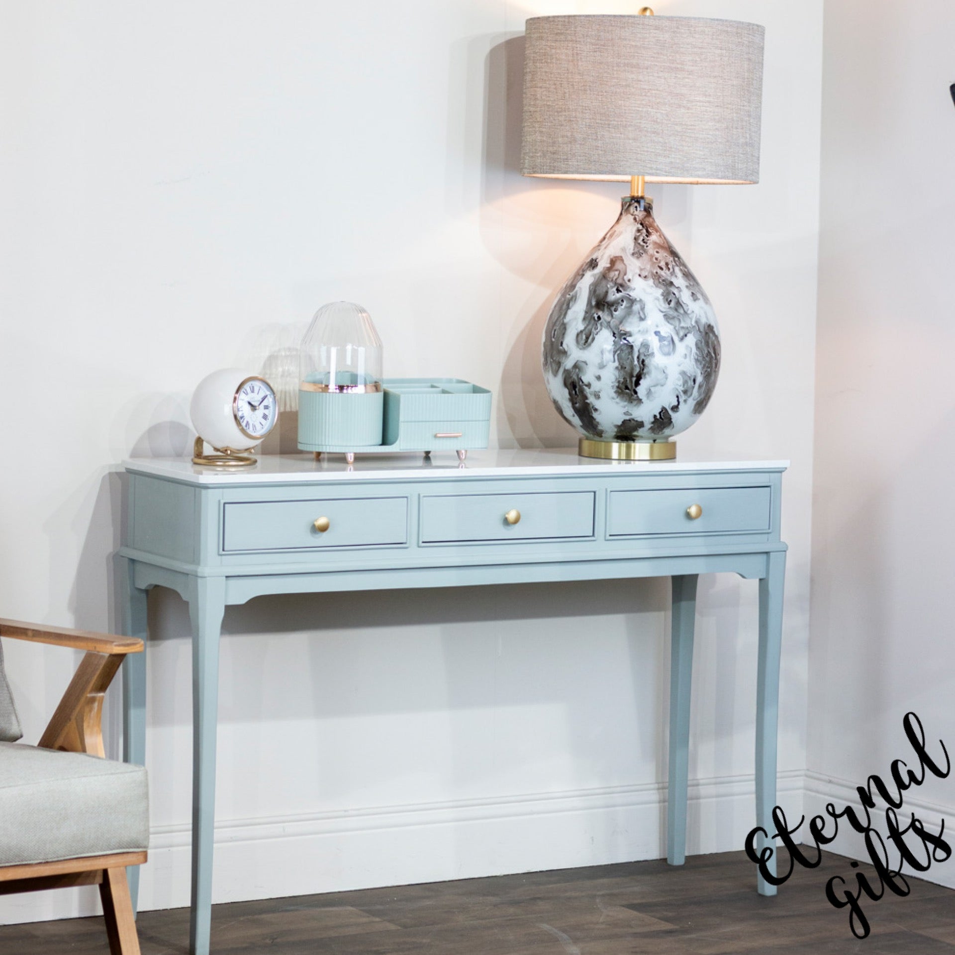 The Monroe 3 Drawer Console Table in Sage with Marble Top