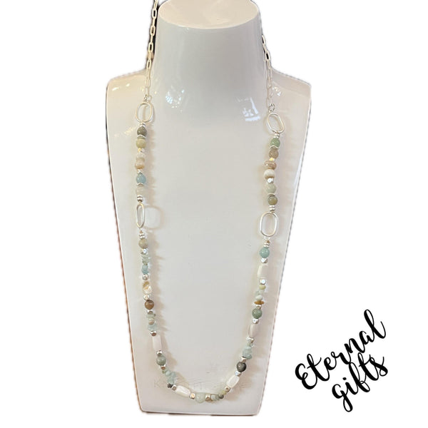 The Bernadette Long Beaded Neckpiece in Opal Greens by Estela