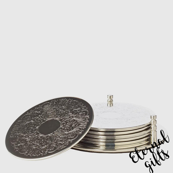 Set of 6 Coasters Brügge with Holder, Silver-Plated -by Edzard