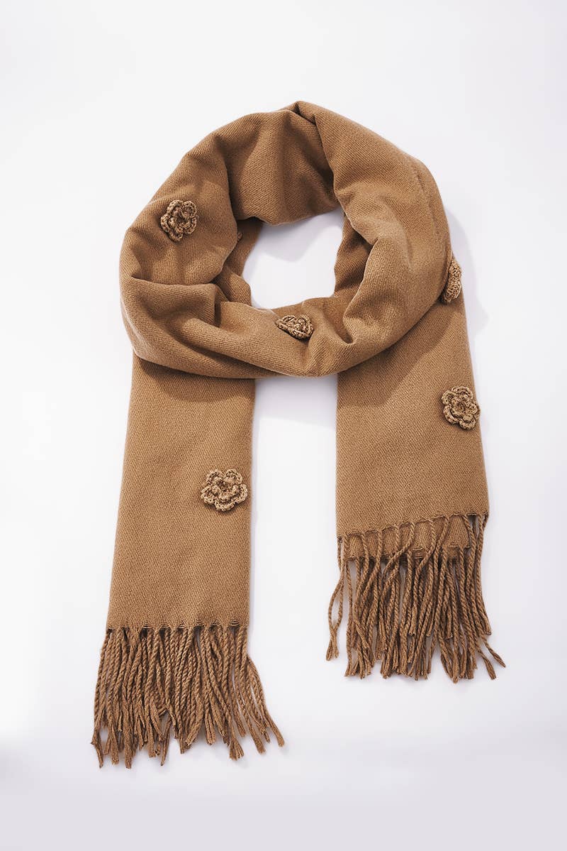 Wool scarf with embroidered flowers in Winter White, Tan & Black