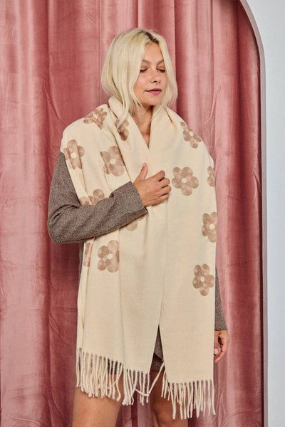 Dressy Wool scarf with floral pattern on Creams and Taupe