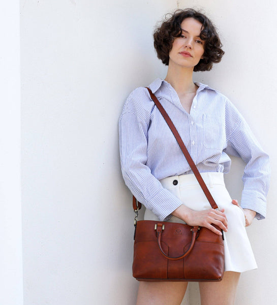 Womens Leather Handbag Shoulder Bag in Cognac - Camilla by Time Resistance