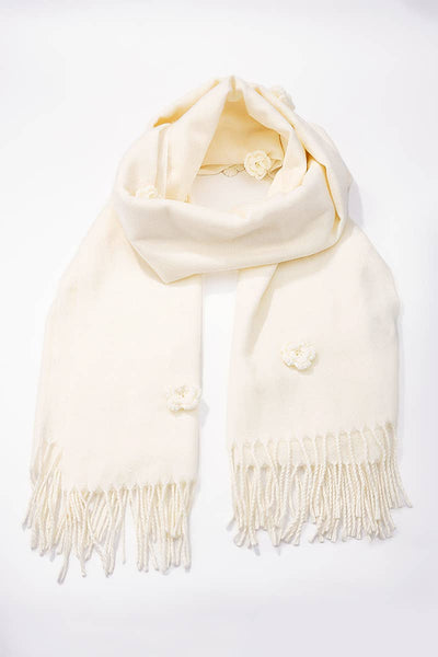 Wool scarf with embroidered flowers in Winter White, Tan & Black