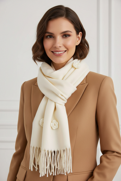 Wool scarf with embroidered flowers in Winter White, Tan & Black