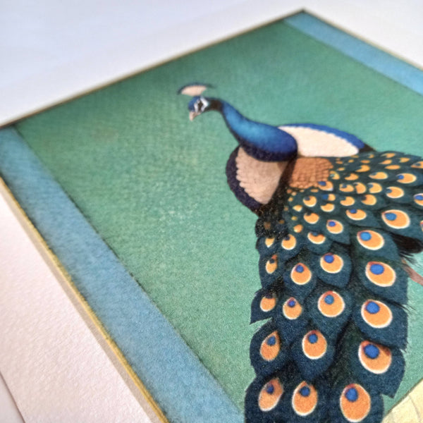 Framed Peacock (with blue ribbon and golden nail for hanging) by Odalisque Paris 20cm  20cm